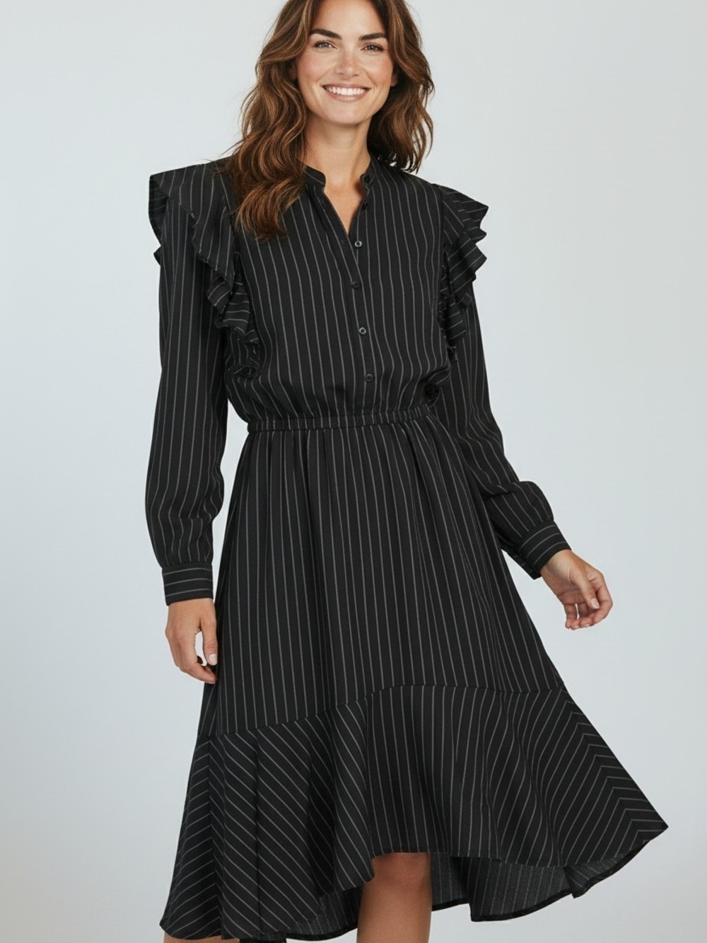 Joie Rasheda Dress M Black Pinstripe Ruffle Asymmetrical Midi NWT